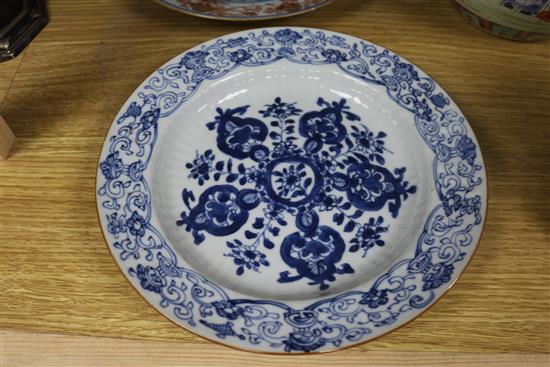 Two famille rose vases,melon shapers, jar and cover and two plates (5) Largest 23cm high